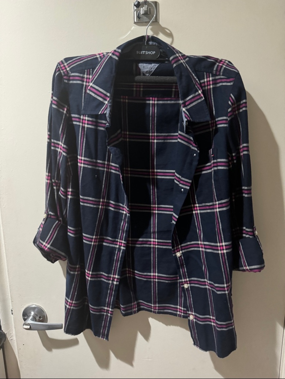 Tommy Hilfiger Navy Plaid Shirt with Pink and White Stripes
